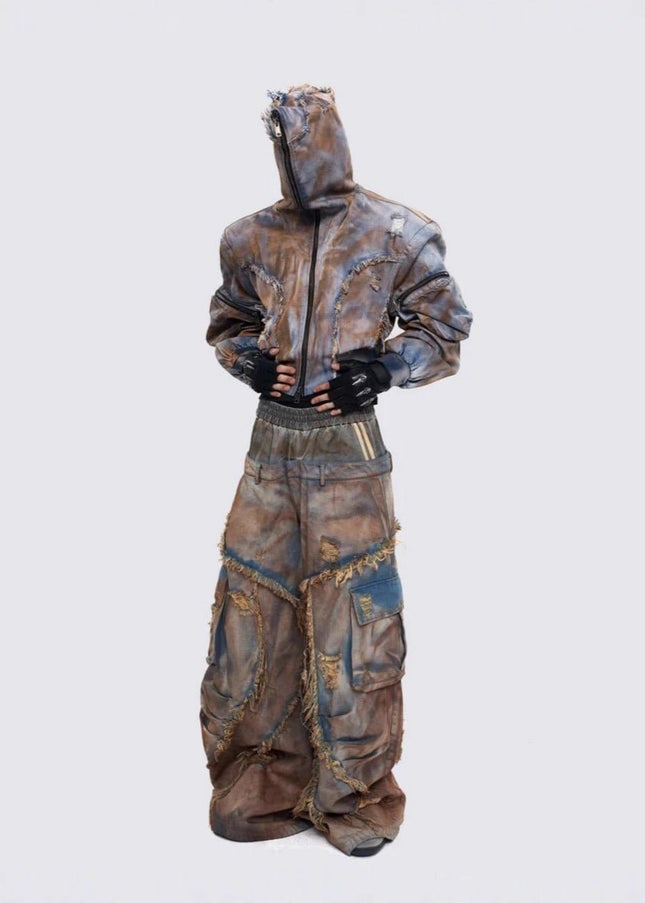 TALKLESSFASHION Wasteland style short hooded denim jacket men make old mud dye fake two pieces of broken structure raw edge jeans