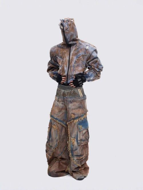 THETLSTUDIO Wasteland style short hooded denim jacket men make old mud dye fake two pieces of broken structure raw edge jeans