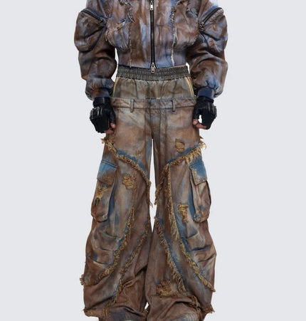 TALKLESSFASHION Wasteland style short hooded denim jacket men make old mud dye fake two pieces of broken structure raw edge jeans