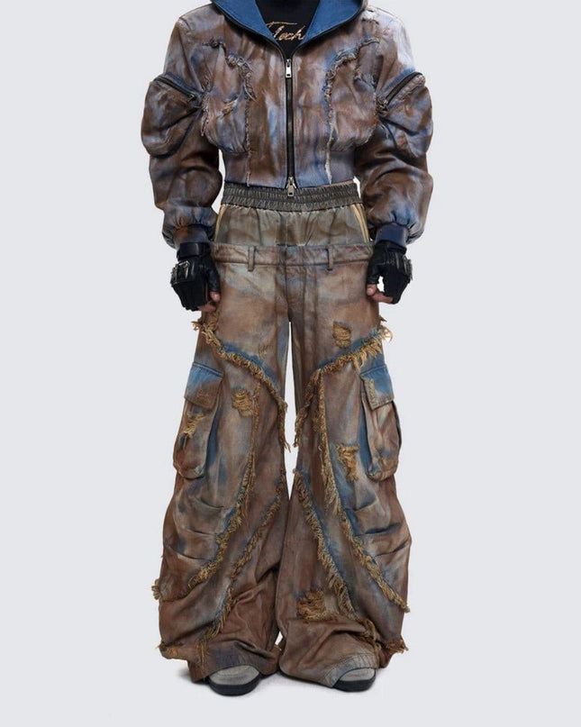 TALKLESSFASHION Wasteland style short hooded denim jacket men make old mud dye fake two pieces of broken structure raw edge jeans