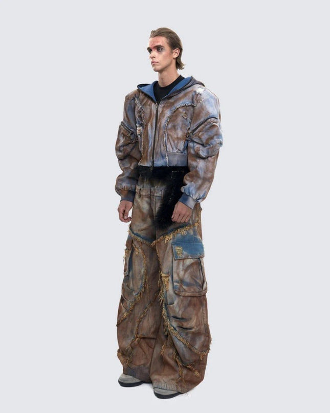 TALKLESSFASHION Wasteland style short hooded denim jacket men make old mud dye fake two pieces of broken structure raw edge jeans