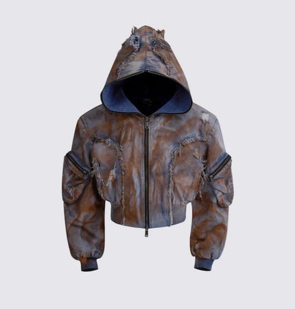TALKLESSFASHION Wasteland style short hooded denim jacket men make old mud dye fake two pieces of broken structure raw edge jeans