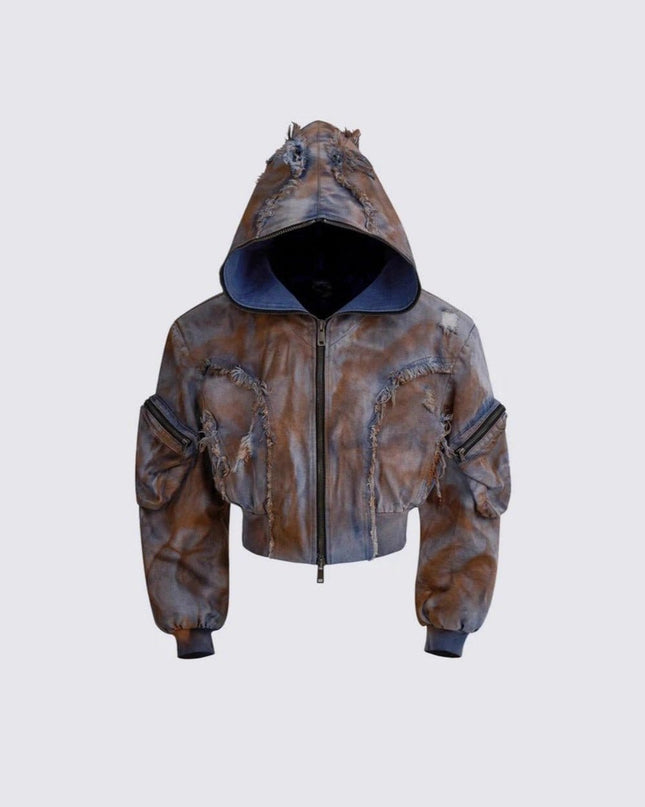 TALKLESSFASHION Wasteland style short hooded denim jacket men make old mud dye fake two pieces of broken structure raw edge jeans