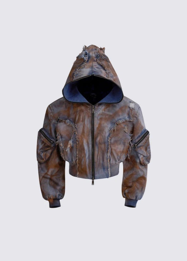 TALKLESSFASHION Wasteland style short hooded denim jacket men make old mud dye fake two pieces of broken structure raw edge jeans