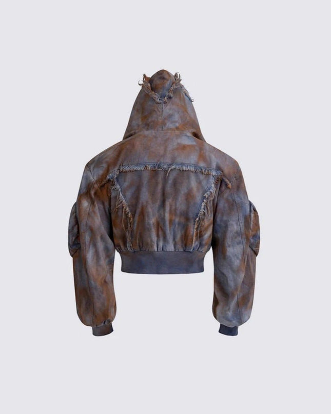 TALKLESSFASHION Wasteland style short hooded denim jacket men make old mud dye fake two pieces of broken structure raw edge jeans