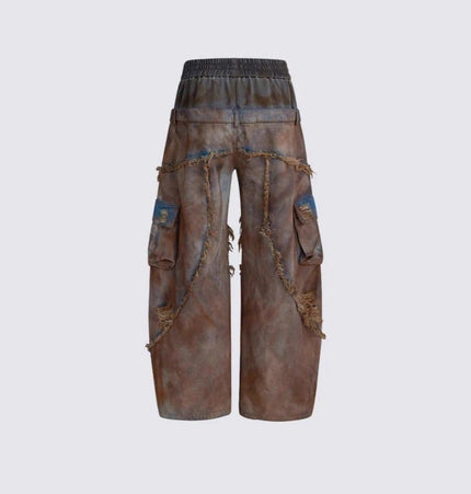 TALKLESSFASHION Wasteland style short hooded denim jacket men make old mud dye fake two pieces of broken structure raw edge jeans