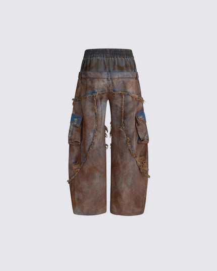 TALKLESSFASHION Wasteland style short hooded denim jacket men make old mud dye fake two pieces of broken structure raw edge jeans