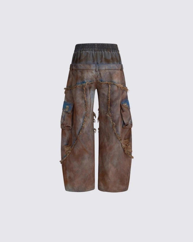 TALKLESSFASHION Wasteland style short hooded denim jacket men make old mud dye fake two pieces of broken structure raw edge jeans