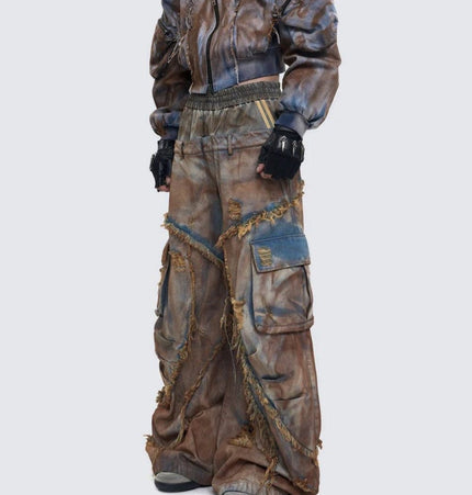 TALKLESSFASHION Wasteland style short hooded denim jacket men make old mud dye fake two pieces of broken structure raw edge jeans