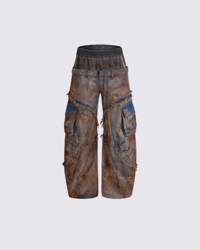 TALKLESSFASHION Wasteland style short hooded denim jacket men make old mud dye fake two pieces of broken structure raw edge jeans