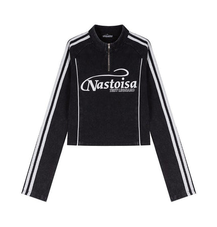 THETLSTUDIO XL / black XPKAEAX American Spice Girl Monogram Print Half Zip High Neck Long Sleeve T-Shirt Women's Fall Slim Crop Top