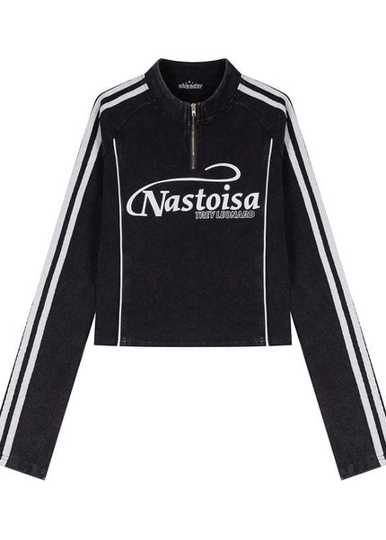 THETLSTUDIO XL / black XPKAEAX American Spice Girl Monogram Print Half Zip High Neck Long Sleeve T-Shirt Women's Fall Slim Crop Top