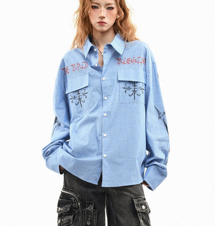 THETLSTUDIO XL / blue OV original American letter mottled graffiti long sleeve shirt women's spring loose vertical stripe trendy brand couple top men