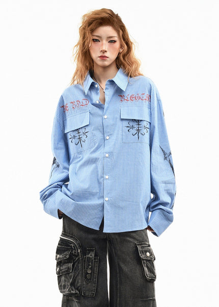 THETLSTUDIO XL / blue OV original American letter mottled graffiti long sleeve shirt women's spring loose vertical stripe trendy brand couple top men