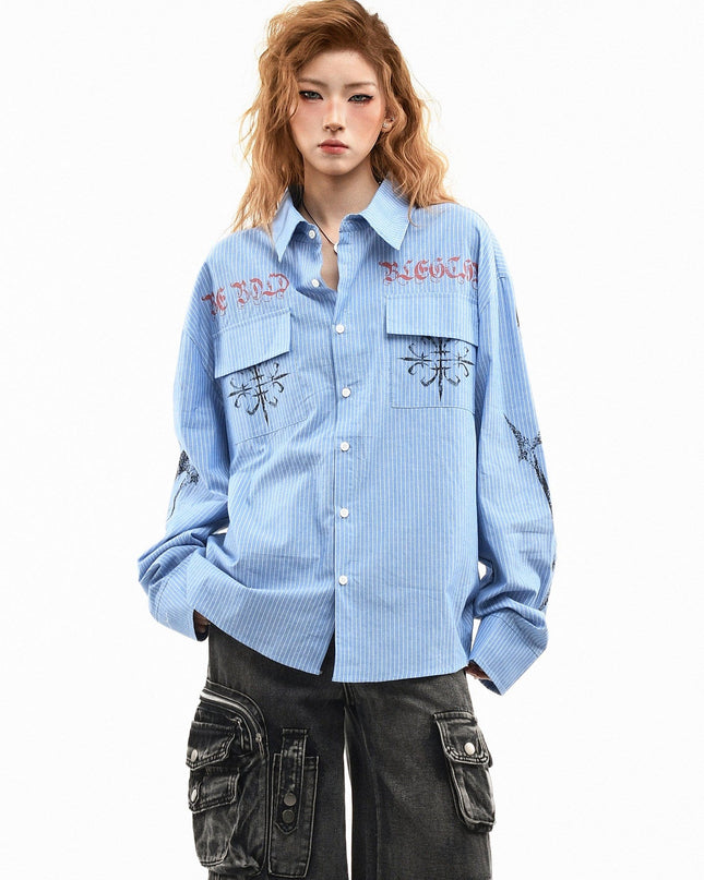 TALKLESSFASHION XL / blue OV original American letter mottled graffiti long sleeve shirt women's spring loose vertical stripe trendy brand couple top men