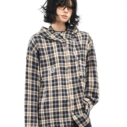 TALKLESSFASHION XL / blue OV original American vintage plaid casual hooded shirt jacket men's and women's fall loose couple long sleeve shirt tide