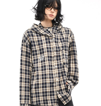 THETLSTUDIO XL / blue OV original American vintage plaid casual hooded shirt jacket men's and women's fall loose couple long sleeve shirt tide
