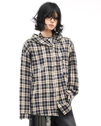 TALKLESSFASHION XL / blue OV original American vintage plaid casual hooded shirt jacket men's and women's fall loose couple long sleeve shirt tide