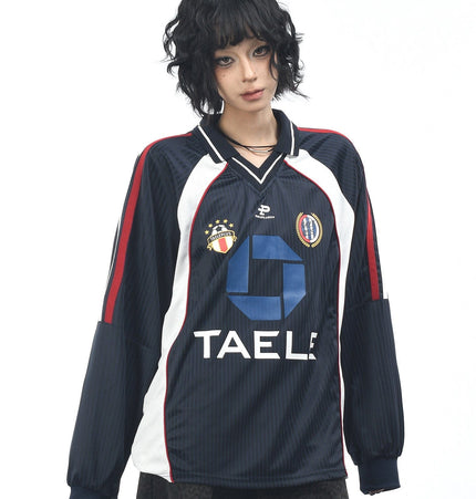 THETLSTUDIO XL / blue OV Original American Vintage V-Neck Jersey Printed Long Sleeve T-Shirt Men's and Women's Autumn Loose Raglan Sleeve Couple Top Tide