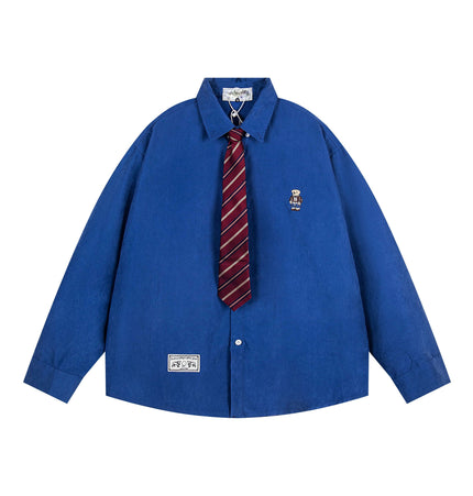 TALKLESSFASHION XL / blue OV original cartoon bear embroidery collegiate style tie long sleeve shirt women's autumn loose casual versatile shirt men
