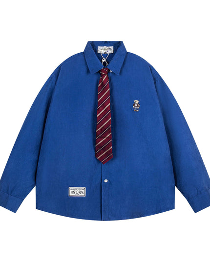 TALKLESSFASHION XL / blue OV original cartoon bear embroidery collegiate style tie long sleeve shirt women's autumn loose casual versatile shirt men