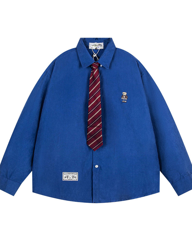 TALKLESSFASHION XL / blue OV original cartoon bear embroidery collegiate style tie long sleeve shirt women's autumn loose casual versatile shirt men