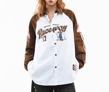 TALKLESSFASHION XL / Coffee color OV original American stripe contrast patchwork couple long sleeve shirt women's spring preppy style loose lapel shirt men