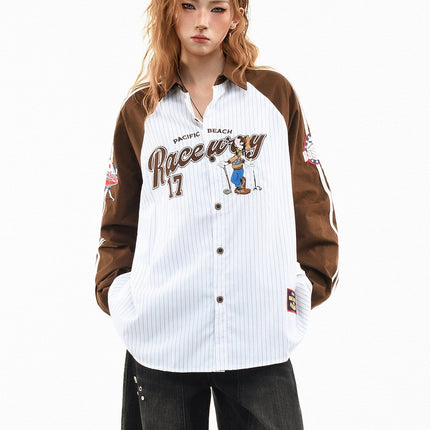 TALKLESSFASHION XL / Coffee color OV original American stripe contrast patchwork couple long sleeve shirt women's spring preppy style loose lapel shirt men
