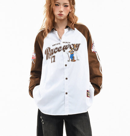 THETLSTUDIO XL / Coffee color OV original American stripe contrast patchwork couple long sleeve shirt women's spring preppy style loose lapel shirt men