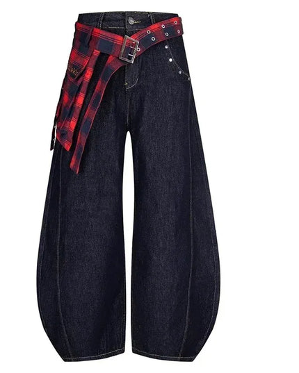 TALKLESSFASHION Xl / Dark Blue TALKLESS Washed Plaid Belt Barrel Jeans—5227