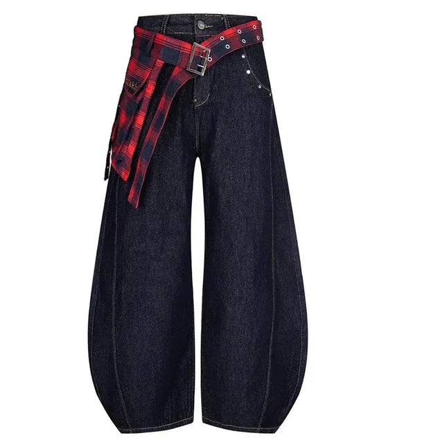 TALKLESSFASHION Xl / Dark Blue TALKLESS Washed Plaid Belt Barrel Jeans—5227