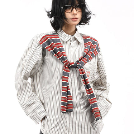 TALKLESSFASHION XL / gray OV original American vintage striped shawl design long sleeve shirt men's and women's autumn street loose casual shirt trend