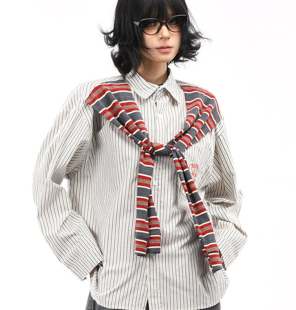 THETLSTUDIO XL / gray OV original American vintage striped shawl design long sleeve shirt men's and women's autumn street loose casual shirt trend