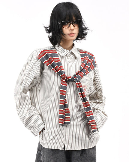 TALKLESSFASHION XL / gray OV original American vintage striped shawl design long sleeve shirt men's and women's autumn street loose casual shirt trend