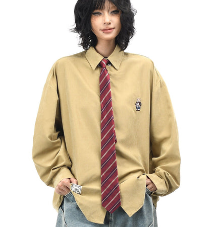 TALKLESSFASHION XL / Khaki OV original cartoon bear embroidery collegiate style tie long sleeve shirt women's autumn loose casual versatile shirt men