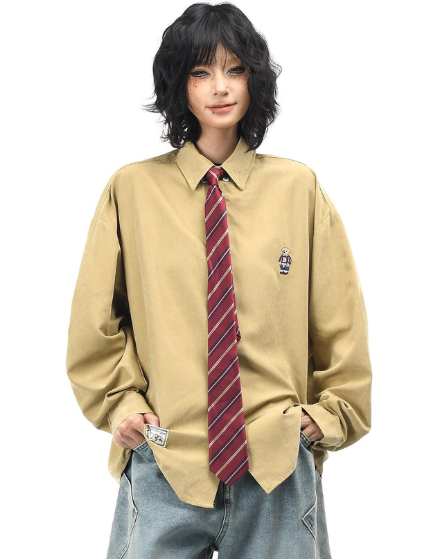 TALKLESSFASHION XL / Khaki OV original cartoon bear embroidery collegiate style tie long sleeve shirt women's autumn loose casual versatile shirt men