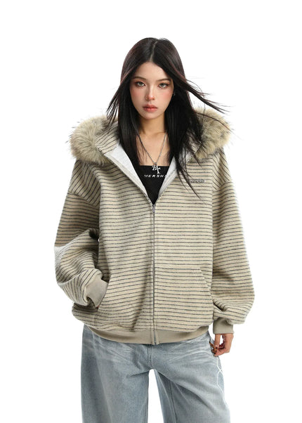 THETLSTUDIO XL / Khaki plus velvet Striped Detachable Fur Hood Jacket