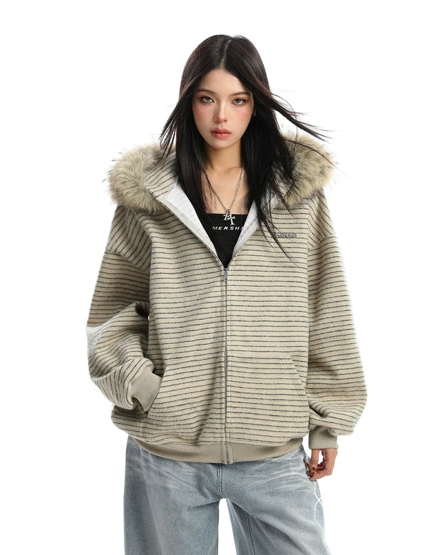 TALKLESSFASHION XL / Khaki plus velvet Striped Detachable Fur Hood Jacket