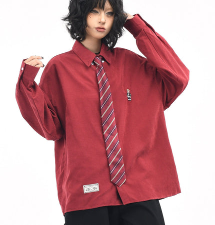 TALKLESSFASHION XL / Red wine OV original cartoon bear embroidery collegiate style tie long sleeve shirt women's autumn loose casual versatile shirt men