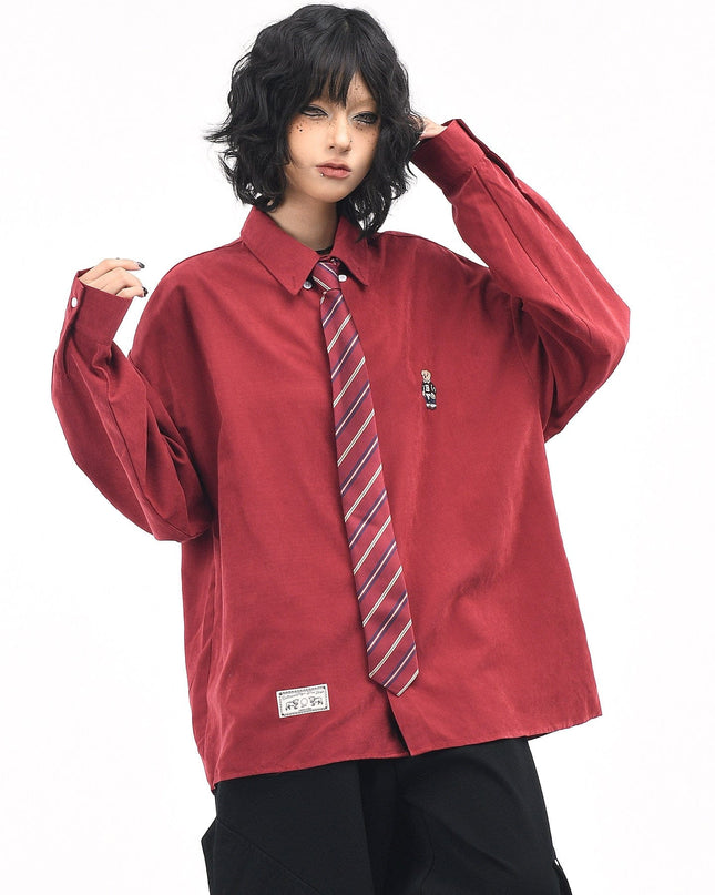 TALKLESSFASHION XL / Red wine OV original cartoon bear embroidery collegiate style tie long sleeve shirt women's autumn loose casual versatile shirt men