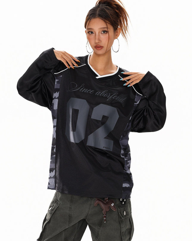 TALKLESSFASHION XPKAEAX American High Street Digital Print V-Neck Long Sleeve T-Shirt Men's and Women's Fall 2025 Jersey Sporty Top