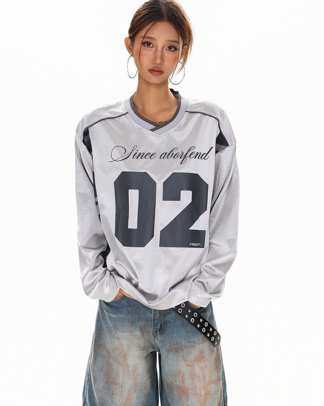 TALKLESSFASHION XPKAEAX American High Street Digital Print V-Neck Long Sleeve T-Shirt Men's and Women's Fall 2025 Jersey Sporty Top