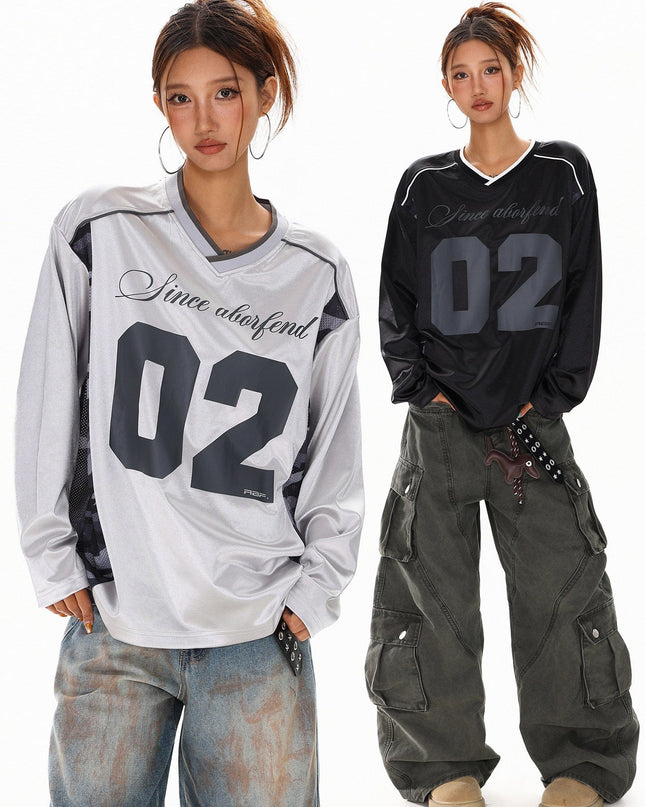 TALKLESSFASHION XPKAEAX American High Street Digital Print V-Neck Long Sleeve T-Shirt Men's and Women's Fall 2025 Jersey Sporty Top