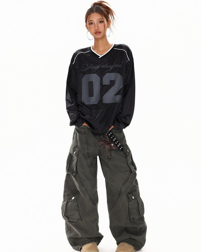 TALKLESSFASHION XPKAEAX American High Street Digital Print V-Neck Long Sleeve T-Shirt Men's and Women's Fall 2025 Jersey Sporty Top
