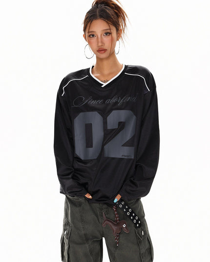 TALKLESSFASHION XPKAEAX American High Street Digital Print V-Neck Long Sleeve T-Shirt Men's and Women's Fall 2025 Jersey Sporty Top