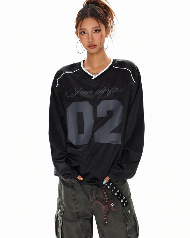 TALKLESSFASHION XPKAEAX American High Street Digital Print V-Neck Long Sleeve T-Shirt Men's and Women's Fall 2025 Jersey Sporty Top