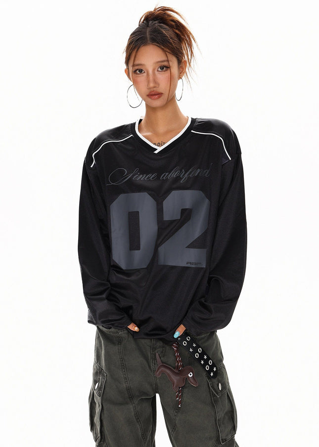 TALKLESSFASHION XPKAEAX American High Street Digital Print V-Neck Long Sleeve T-Shirt Men's and Women's Fall 2025 Jersey Sporty Top