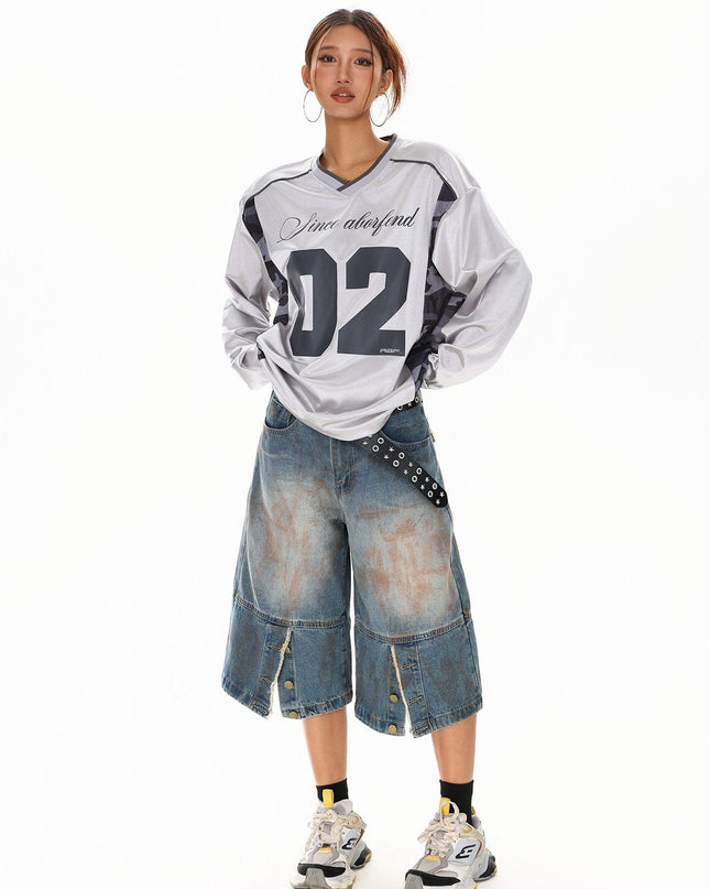 TALKLESSFASHION XPKAEAX American High Street Digital Print V-Neck Long Sleeve T-Shirt Men's and Women's Fall 2025 Jersey Sporty Top