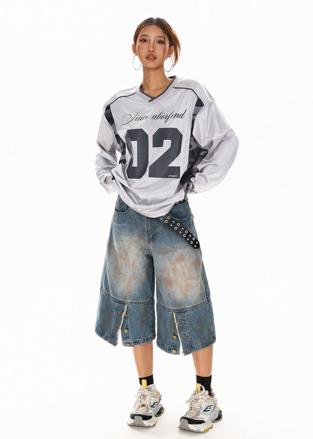 TALKLESSFASHION XPKAEAX American High Street Digital Print V-Neck Long Sleeve T-Shirt Men's and Women's Fall 2025 Jersey Sporty Top