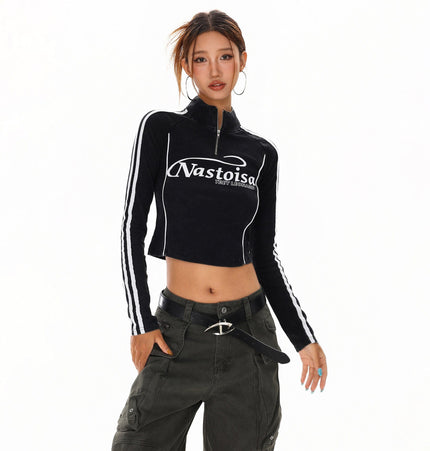 THETLSTUDIO XPKAEAX American Spice Girl Monogram Print Half Zip High Neck Long Sleeve T-Shirt Women's Fall Slim Crop Top